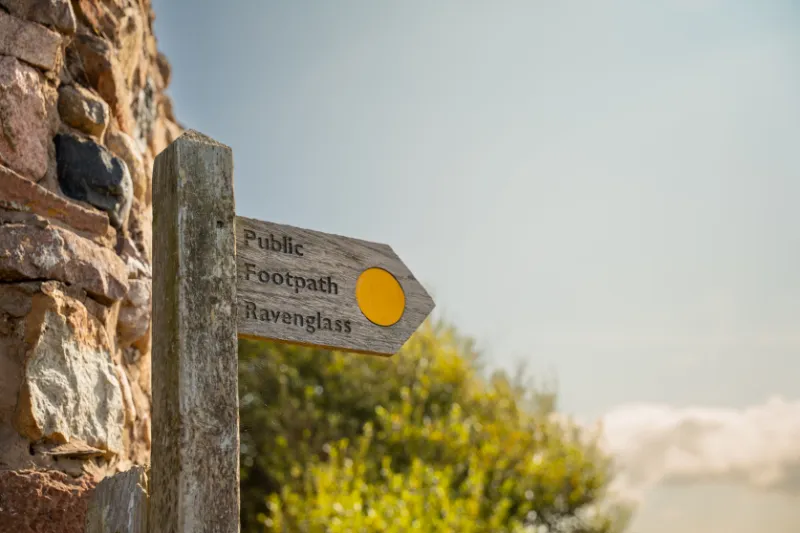Public footpath sign to Ravenglass, within walking distance of Saltcoats