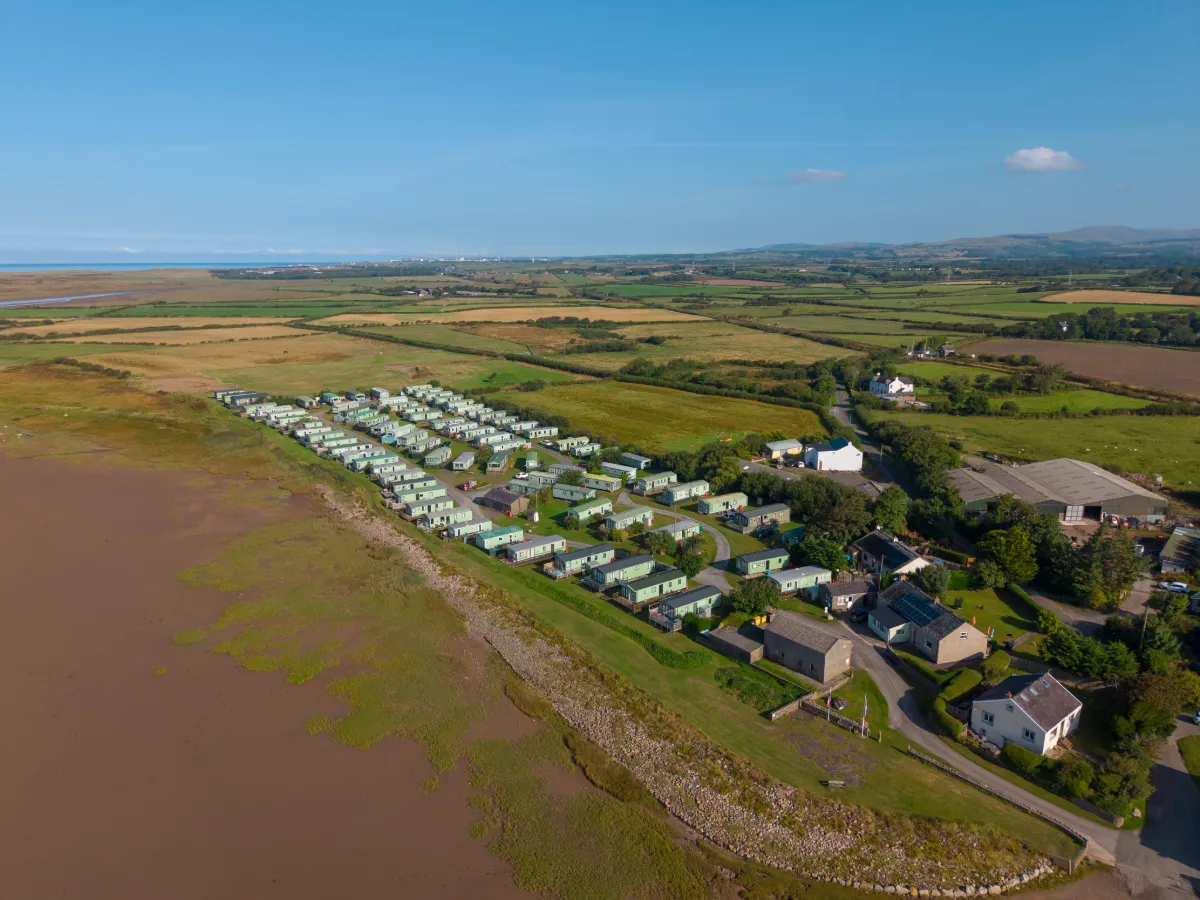 Saltcoats Holiday Park from the air, on the Cumbrian coast beside the River Irt estuary