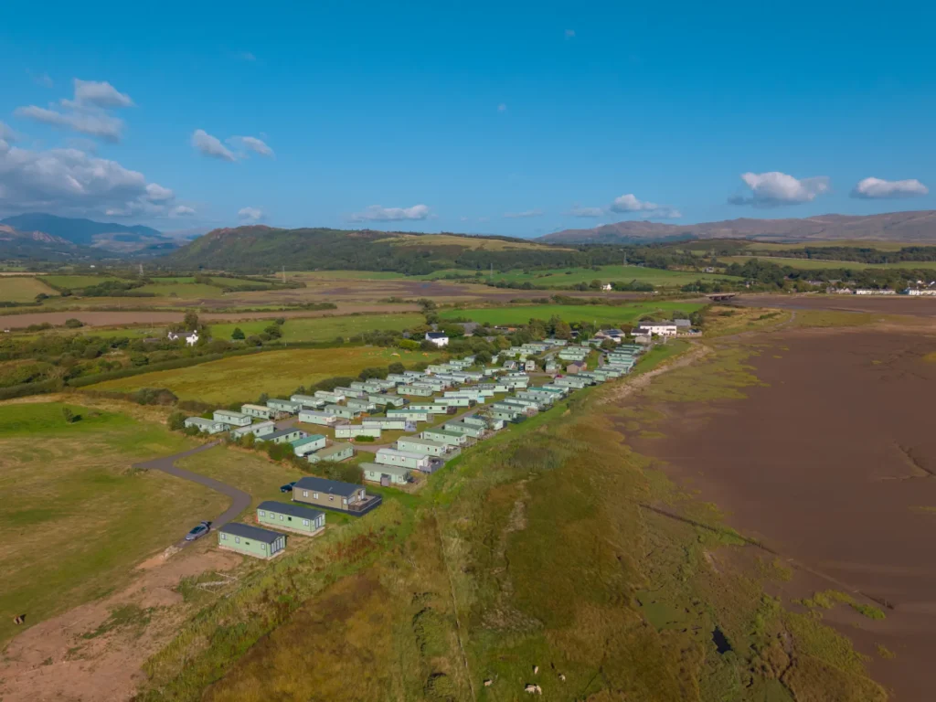 Aerial view of Saltcoats Holiday Park beside the River Irt estuary